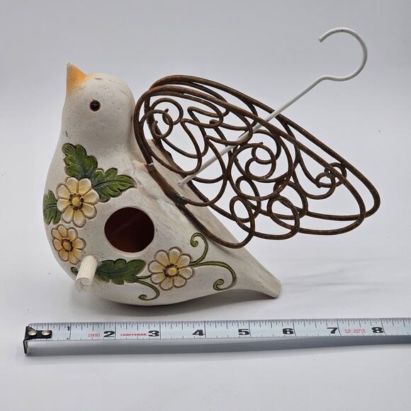 Charming Hanging Bird Shaped Bird House with Floral Accents and Metal Wings 9"L - Picture 9 of 10